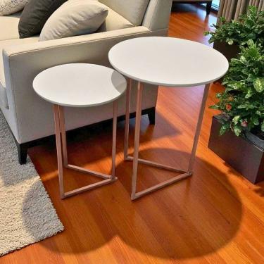 Imagem de Kit 2 Mesas Laterais Centro Canto Jade Tampo Mdf Pés Metal Rose Gold-off White