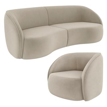 Imagem de Kit Sofá 4 Lugares Eron 288cm Com Poltrona Giratória Angelina M03 Veludo Bege - Lyam Decor