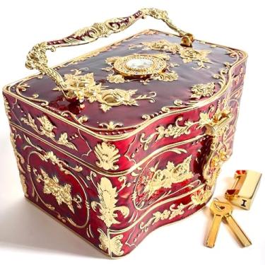 Imagem de Baú de joias rosa estilo pastoral caixa de metal bugiganga vintage bandeja de armazenamento de pedras preciosas lembrança de tesouro estojo de presente para meninas e mulheres (vermelho dourado, duplo