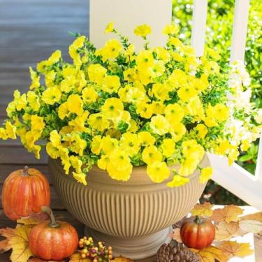 Imagem de Glória artificial da manhã e flores de eucalipto - buquê falso realista para decoração externa/interna (amarelo)