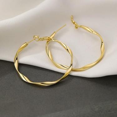 Imagem de 1 par de brincos de argola grandes banhados a ouro brincos de argola redondos grandes para mulheres, acessórios, joias, presentes, Large, Aço inoxidável, Sem pedra preciosa