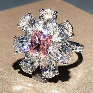 Imagem de Anel CZ com corte princesa rosa e corte de pera branca - Design de flor feminina com cravação de garras, 7, Latão, Zircônia cúbica