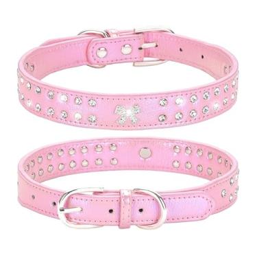 Imagem de Coleira de cachorro rosa com strass, coleira de gatinho de couro bonito cristal brilhante com glitter joia brilhante diamante menina filhote coleira para cães PP pequeno médio animal de estimação