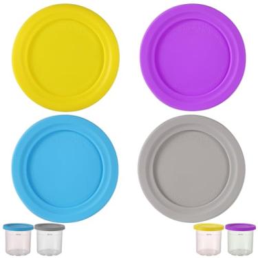 Imagem de 4 tampas de recipientes de sorvete, tampas de silicone de 11,5 cm de diâmetro para copos de sorvete, tampas redondas de substituição para copos de armazenamento de alimentos para Ninja Creami NC301