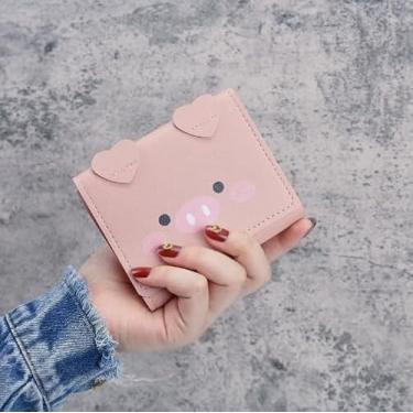 Imagem de Carteira feminina com três dobras com cabeça de porco, bloqueio RFID de couro com janela para identidade, rosa, Carteira pequena