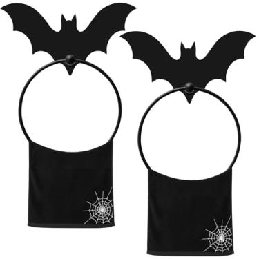 Imagem de Yiyiring 2 anéis de toalha de metal para morcego gótico, suporte de toalha de morcego de Halloween, anel de toalhas de banho esfregadas a óleo preto para toalhas de mão para banheiro, cozinha, cabide