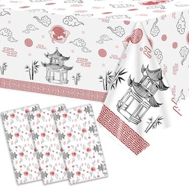 Imagem de party greeting Hibachi Pacote com 3 toalhas de mesa japonesas descartáveis de plástico 137 x 272 cm, decorações chinesas, utensílios de mesa culturais, festival de primavera, capa de mesa de plástico