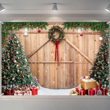 Imagem de Porta de madeira de celeiro, pano de fundo de Natal para fotografia, árvore de Natal, presente de neve, parede, chão, festa, foto de fundo, suprimentos para a família, decoração de banner, 182 x 111