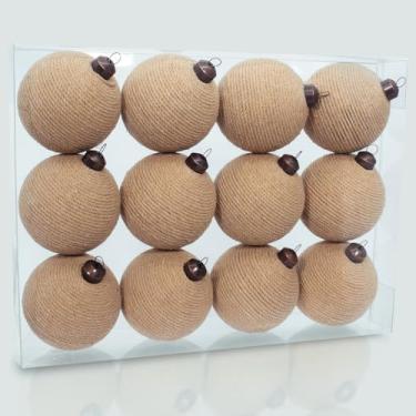 Imagem de 12 peças de enfeites de Natal rústicos de serapilheira, bolas de corda de juta feitas à mão de 8 cm, decorações de árvore de Natal para casa de fazenda, ornamentos de pendurar naturais boho para