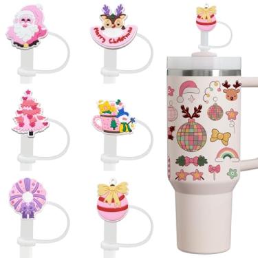 Imagem de Amreich 6 peças de topos de palha de Natal rosa - Capas de palha de festival compatíveis com copos Stanley de 30/1,134 g e canudos de 10 mm, acessórios fofos de festa de Natal e enfeites de meia