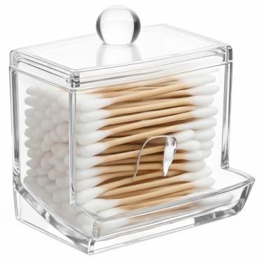 Imagem de Porta Cotonete em Acrílico Transparente com Tampa e Abertura Frontal — Dispenser para Hastes, Algodão — Organizador de Cotonetes Compacto e Elegante Para Banheiro e Penteadeira