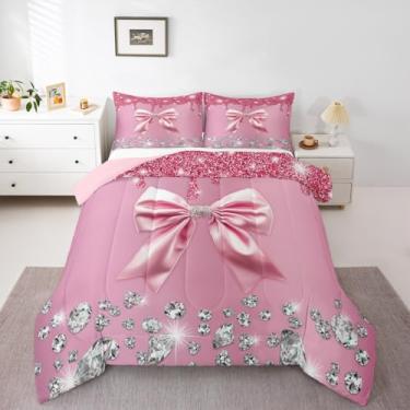 Imagem de Conjunto de edredom de diamante cinza, tamanho casal, laço de lantejoulas brilhantes, kawaii, com laço e nó de fita fofa com glitter, estampa de princesa sonhadora, para decoração de quarto rosa claro