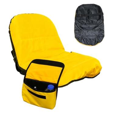 Imagem de ZQDQIUQIU Capa de assento para cortador de grama, capa de assento de trator, bolsos para bebidas em ambos os lados e bolsa de ferramentas na parte traseira, Oxford 600D durável (amarelo médio)
