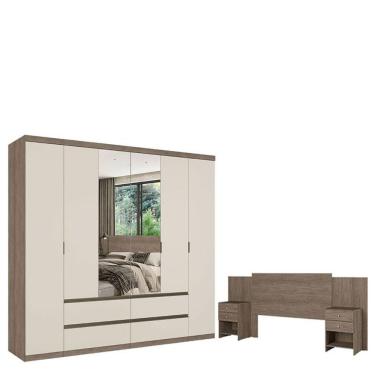 Imagem de Guarda Roupa Casal Nobre 6 Portas Glass Rustic Off White E Cabeceira Com Mesas De Cabeceira Formosa Rustic- Thb