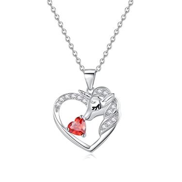 Imagem de RAODA Colares de unicórnios para meninas, colar de unicórnio banhado a ouro branco 18K para meninas adolescentes, presentes de unicórnio, colar com pedra do mês de nascimento de 1 quilate colar de coração com inicial para meninas de 4 a 6 anos, joias com pedra do mês de nascimento para meninas de 6 