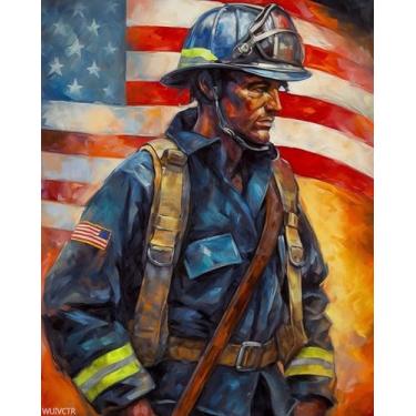 Imagem de WUIVCTR Pintura por números para adultos 40,6 x 50,8 cm, kits de pintura por números em tela, faça você mesmo, pintura a óleo por números para bombeiros adultos, caminhão de bombeiros, bandeira