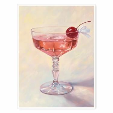 Imagem de Arte de parede vintage coquetel rosa bebida cereja impressão em tela pôsteres decoração estética sala realismo feminino elegante bar carrinho lounge quarto cozinha decoração 28x35,5 cm sem moldura
