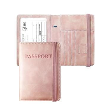 Imagem de Mymazn Combo porta-cartão de passaporte e vacina, carteira de viagem com porta-cartão de vacinação, capa para passaporte com bloqueio RFID, Jeans azul, Minimalista