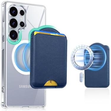 Imagem de Norllben Carteira MagSafe para Samsung Galaxy S25/S24 Series, Fold 7 com capa magnética, para iPhone 17/16/15/14/13/12, porta-cartão magnético de couro com bloqueio de RFID, comporta 3 cartões, azul