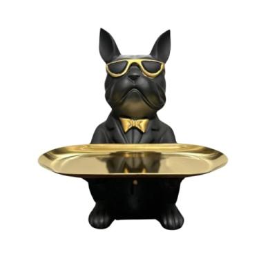 Imagem de Bulldog Francês Decorativo em Resina, Preto com Detalhes Dourados, Porta Objetos e Cofrinho
