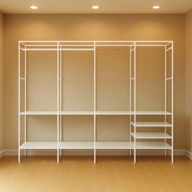 Imagem de Arara de Roupas Cabideiro Quadrupla Metálica, Reforçada com Sapateira e 10 Prateleiras 4 Colunas – Armário Organizador para Closet e Quarto de Casal Grande (Branco)