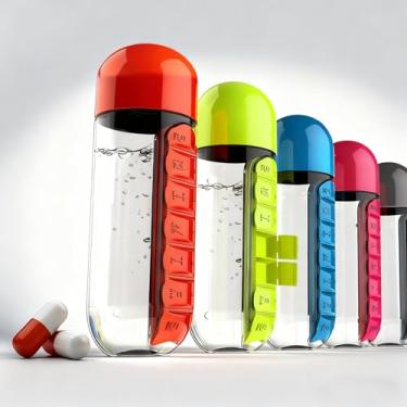 Imagem de Garrafa para Academia Fitness de Água com Porta Comprimidos 600ML Lembrete de Comprimidos (ALEATÓRIO)