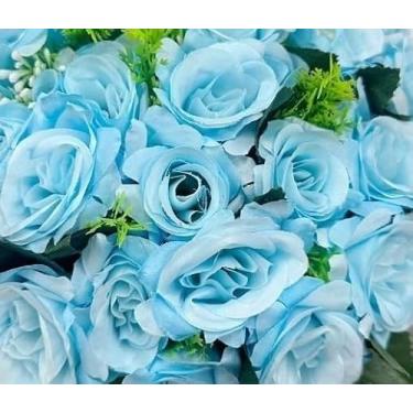 Imagem de Buquê de rosas com folhagem - Arranjo Floral Decorativo para Mesa, Sala de Estar, Eventos e Presentes - Beleza Eterna e Realista(Azul claro,1 Unidade)