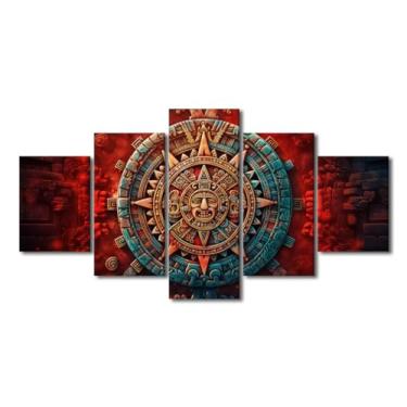 Imagem de 5 peças de arte de parede em tela calendário maia antigo decoração de casa cultura maia pinturas de parede arte de imagem México decoração de casa para sala de estar emoldurada esticada pronta para