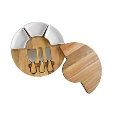 Imagem de ZABEES Conjunto de faca e garfo de queijo, tábua de cortar madeira de acácia, prato ocidental, bandeja de armazenamento de cozinha, pão de frutas, lanche, tigela de cerâmica