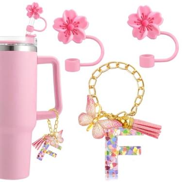 Imagem de 2 peças de capa de canudo para acessórios de copo Stanley 1,134 g 850,5 g com 1 pingente de letra para Stanley Cup tampas de canudo de silicone para copos com alça (F)