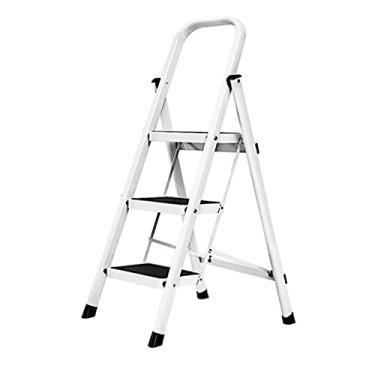 Imagem de Escadas dobráveis escada de corrimão pequena escada de 3 degraus com pega conveniente e pedal largo escada dobrável escada de metal (branco, vermelho) escada resistente (cor: branco) (branco)
