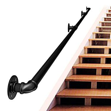 Imagem de Corrimão de escada, tubo de ferro, corrimão, escada, degraus, trilho de mão para escadas internas, capacidade de carga de 199 kg, suporte de montagem na parede, aço galvanizado, estilo industrial