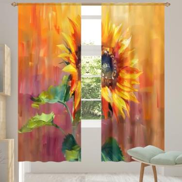 Imagem de 2 conjuntos de painéis de cortinas transparentes com pintura de girassol e flores, cortinas transparentes arejadas com filtro leve, painéis de cortina de porta e janela para sala de estar, quarto
