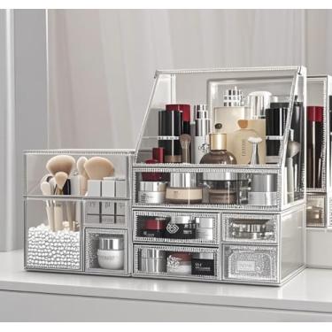Imagem de Organizador de maquiagem de vidro para penteadeira, empilhável, conjunto de gaveta de 2 peças, antigo, bancada, caixa de armazenamento de cosméticos, espelho de vidro, visor de beleza, suporte para