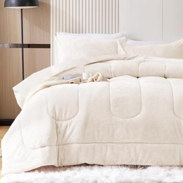 Imagem de YIYEA Conjunto de edredom de pele sintética, luxuoso, ultramacio e felpudo, veludo fofo, para outono e inverno, aconchegante, sem queda, 3 peças, Queen, marfim