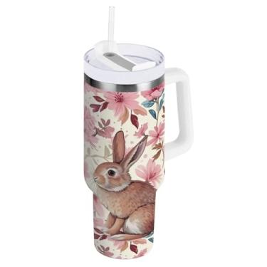 Imagem de ATTX Copo de coelho da Páscoa de 1,134 g com alça, copo de aço inoxidável a vácuo de parede dupla com palha, caneca de café de viagem isolada #464