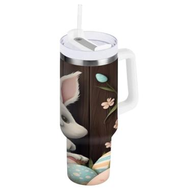 Imagem de ATTX Copo de coelho feliz Páscoa de 850 g com alça, copo de aço inoxidável a vácuo de parede dupla com palha, caneca de café de viagem isolada #510