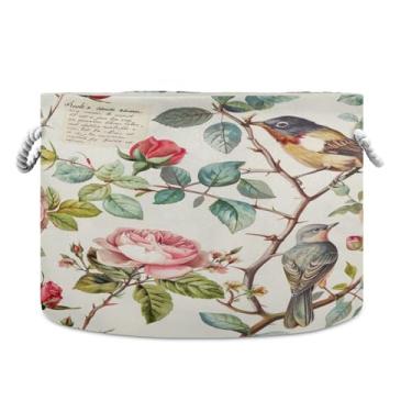 Imagem de SEHANY Cesta redonda grande de flores e pássaros com alça de corda, cesto de roupa suja de lona para armazenamento de cobertores, cesta de armazenamento de berçário infantil para quarto de banho