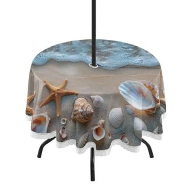 Imagem de Blueangle Toalha de mesa redonda à prova d'água de 152 cm com concha de estrela do mar e praia de verão com orifício para guarda-chuva – Tecido resistente à prova de sol para todos os climas