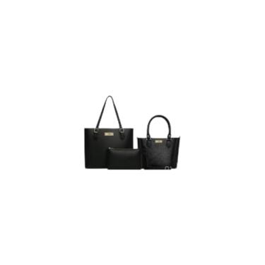 Imagem de Kit 3 Peças Bolsa Feminina Com Alça Trançada, Couro Sintético, Preta, Bolsa Grande 30x27x11cm, Bolsa Média Transversal, Necessaire