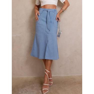 Imagem de Saia Midi em Linho com Bolsos Funcionais e Cinto Removível - Lumia, Az