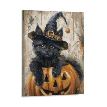 Imagem de HouLaiZhe Pôster de Halloween fofo gato preto abóbora impressão de arte de parede decorações de Halloween decoração de parede estética gótica para sala de estar quarto 11 x 14 polegadas (28 x 35 cm)