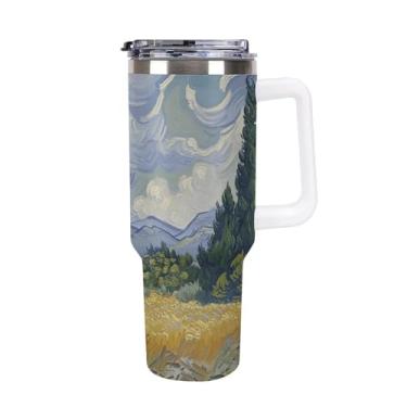 Imagem de Copo de café de campo de trigo com ciprestes copo de café copo de café copo Stanley de aço inoxidável isolado a vácuo selado para suporte de copo de carro e ao ar livre à prova de vazamento e poeira