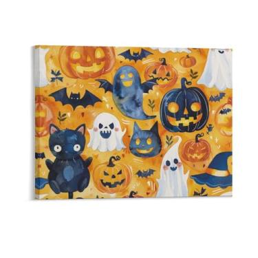Imagem de HouLaiZhe Pôster de Halloween fofo gato preto fantasma impressões de arte de parede decorações de Halloween decoração de parede estética gótica para sala de estar quarto 11 x 14 polegadas (28 x 35 cm)
