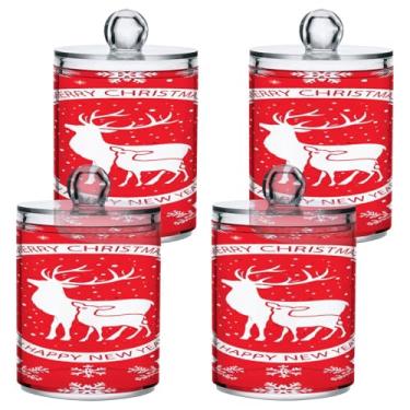 Imagem de STAYTOP 2 frascos de boticário Qtip para banheiro com etiquetas – Recipiente de armazenamento Qtip de plástico transparente para bola de algodão, cotonete, grão de café e rena de Natal