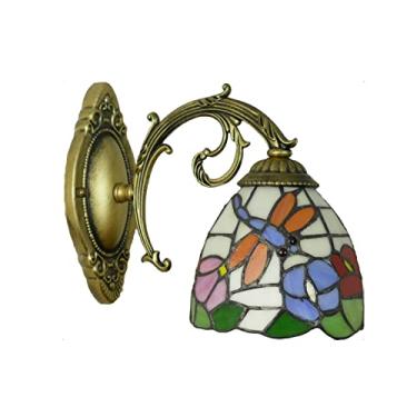 Imagem de Luminária de parede estilo Tiffany com libélula, em vitral Morning Glory, com espelho de múltiplos braços e design vintage, ideal para maquiagem, banheiro e corredor. Possui 1 braço.