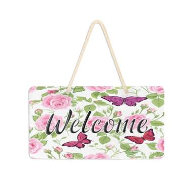 Imagem de Burbuja Placa de boas-vindas rosa borboletas para porta da frente, placa de boas-vindas de PVC para pendurar na parede varanda casa de fazenda, decoração de feriados, 15 x 28 cm