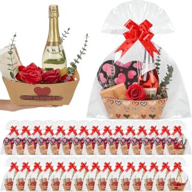 Imagem de Kolldenn Conjunto de 24 cestas para presentes vazias 24 x 15 cm, cesta de presente com estampa de flor dourada para preencher, laços, sacolas plásticas e cartão para festa de chá de casamento (coração