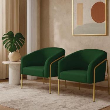Imagem de Poltrona Sala Industrial Alta Dourado Kit 2 Stella Suede Verde D03 - D