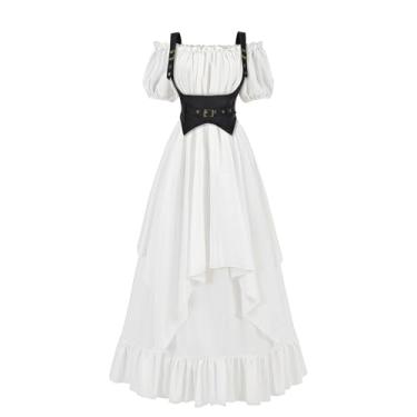 Imagem de NSPSTT Vestido branco renascentista feminino fantasia vitoriana plus size medieval gótico vestido longo com espartilho, Branco, XXG